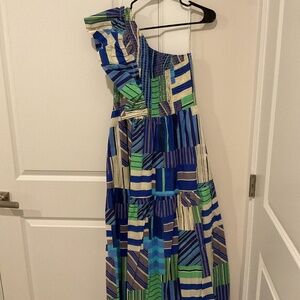 One shoulder blue and green maxi dress